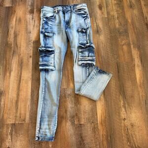 King Maker Cargo Skinny Jeans Men’s 30x31 Blue Distressed 7 Pocket